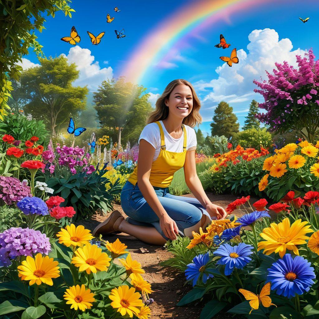 A sunlit landscape featuring a joyful person planting colorful flowers in a lush garden, surrounded by butterflies and a rainbow in the sky, symbolizing positivity and growth. The scene evokes warmth and happiness, with vibrant hues of yellow, green, and blue. super-realistic. bright colors. tranquil setting.
