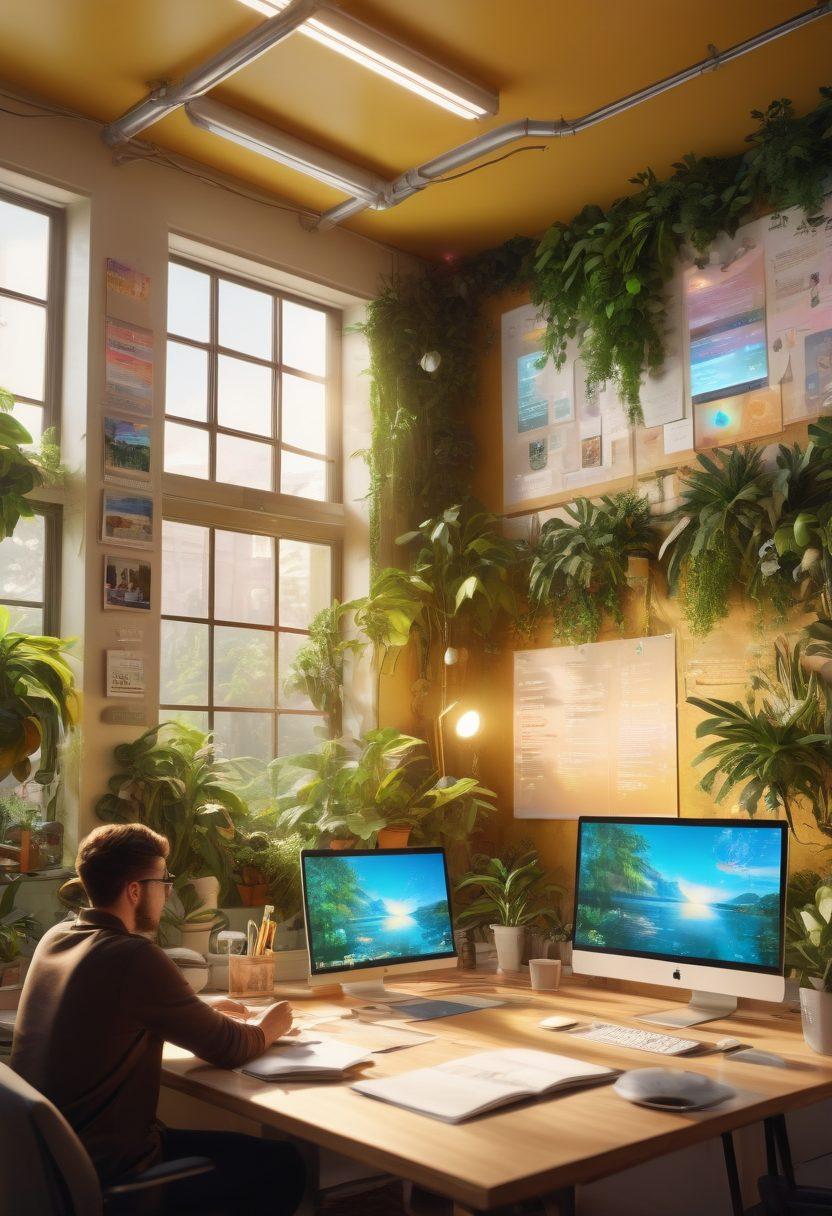 A bright, inspiring workspace featuring a diverse group of people, collaborating with holographic displays demonstrating innovative ideas. Lush greenery and motivational posters adorn the walls, creating an uplifting atmosphere. Various tech gadgets symbolizing creativity and satisfaction scatter around the room, with warm golden light streaming in through large windows. super-realistic. vibrant colors. 3D.