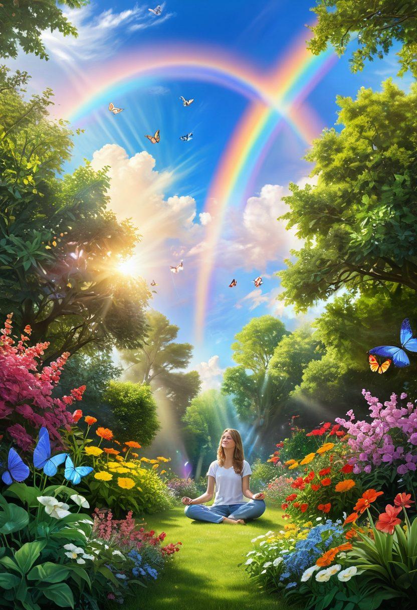A serene landscape depicting a person practicing mindfulness in a lush garden filled with vibrant flowers and trees. The person, with a blissful expression, is surrounded by symbols of joy like butterflies and sunbeams breaking through the leaves. The sky is bright with a rainbow arching above, symbolizing hope and happiness. soft pastel colors. super-realistic.